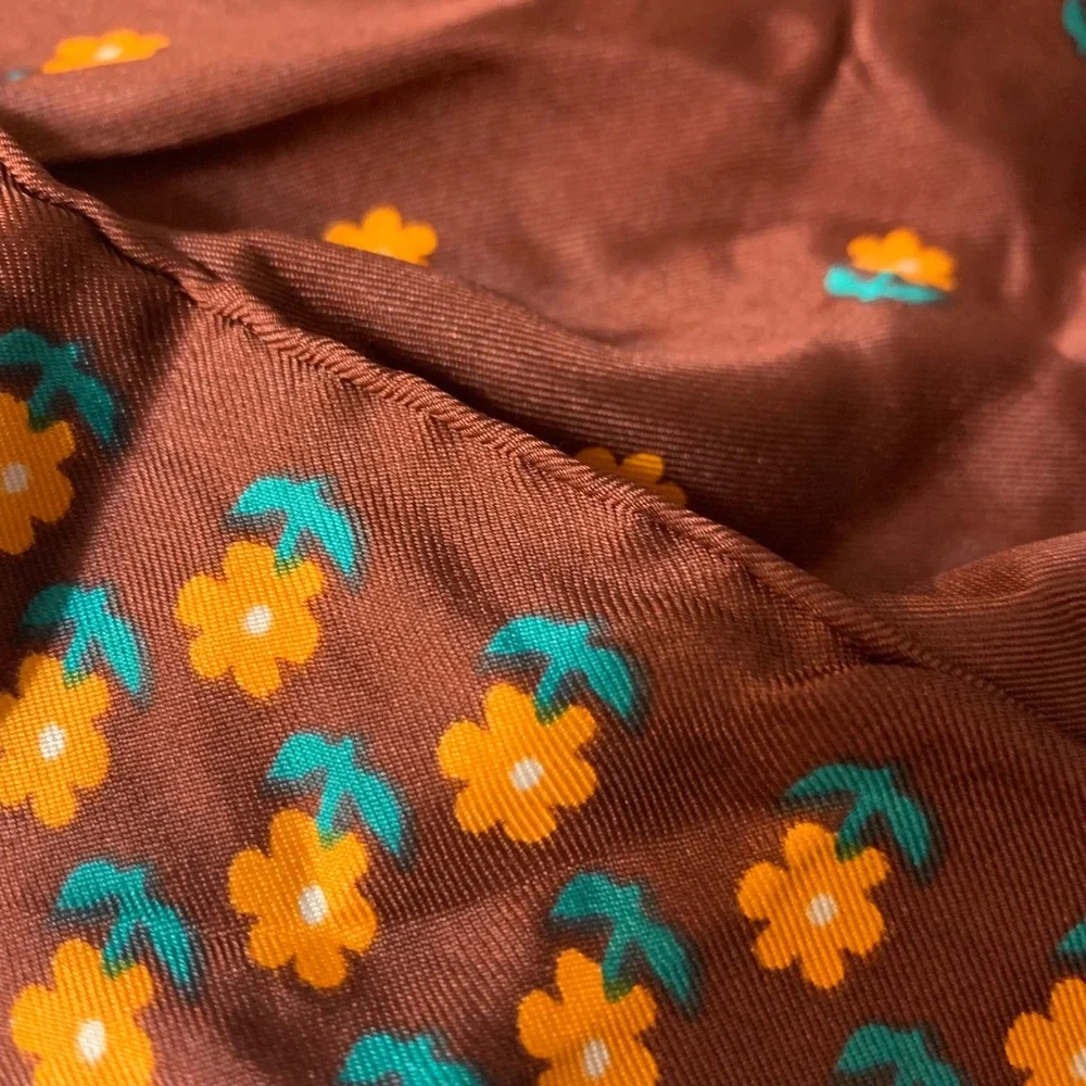 Anne Klein Scarf 25x25 Brown Orange Floral Print Square Retro Mod 70s Designer